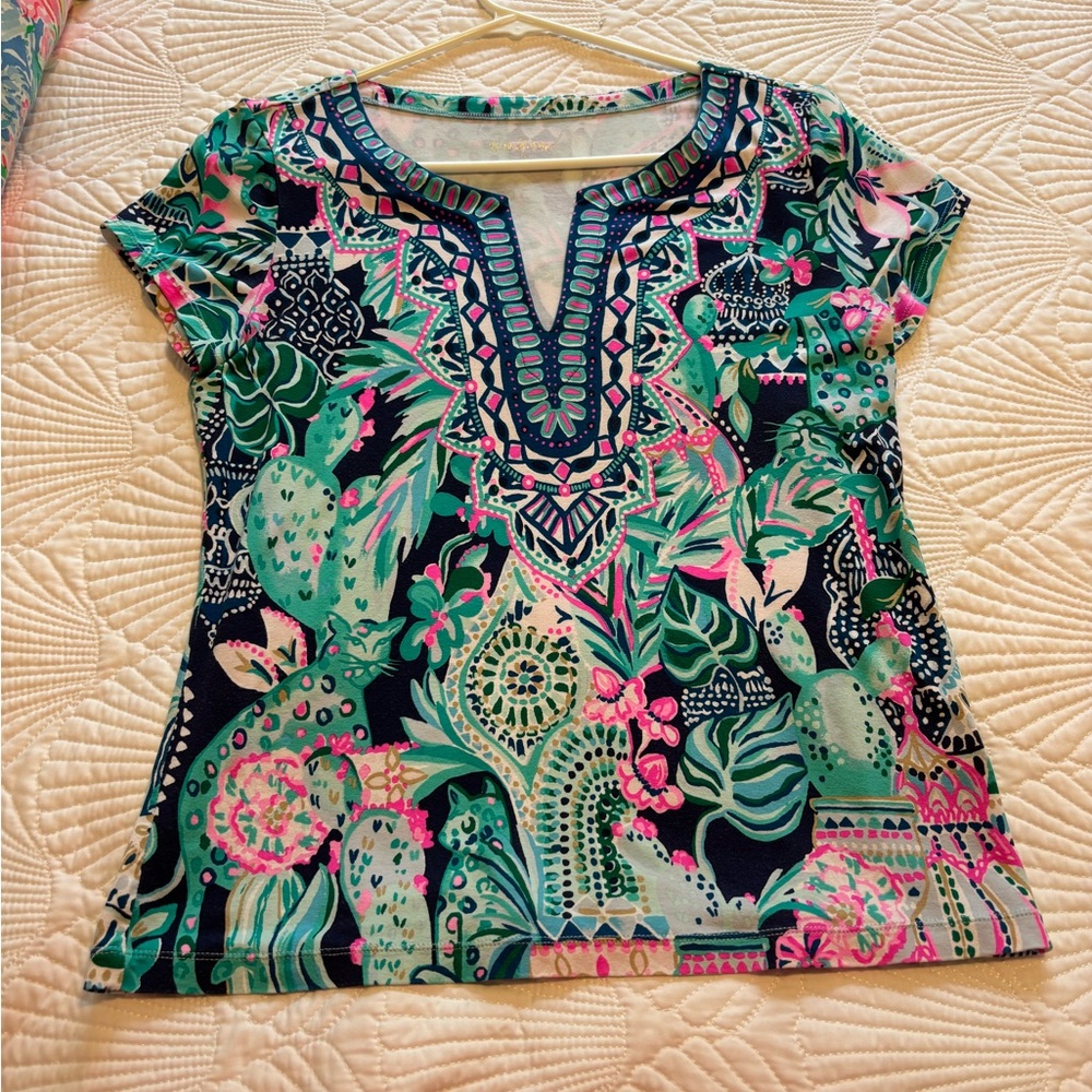 Lilly Pulitzer Top Green and Pink Short Sleeve Small